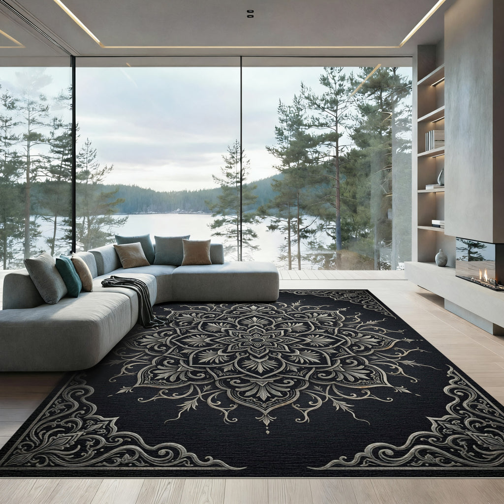 Ornate Silver Mandala Floral Medallion Rug