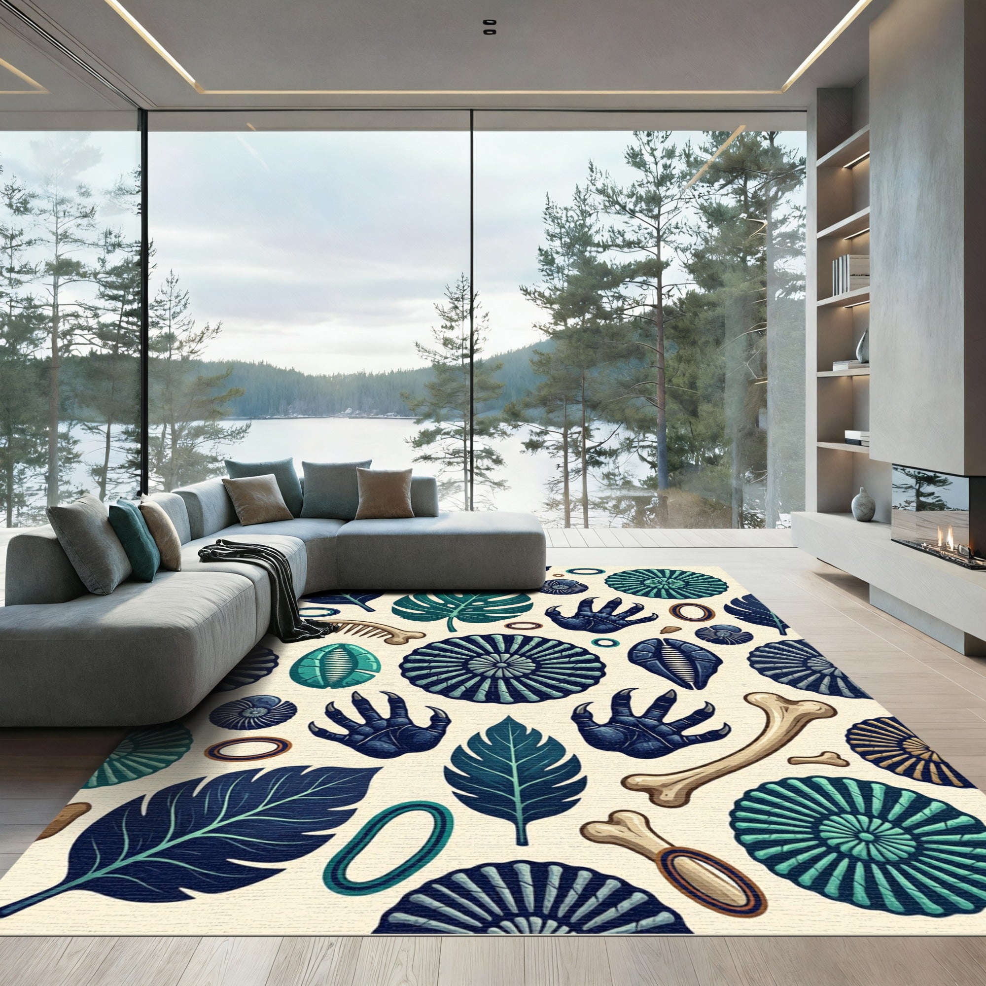 Dark Teal Fossil and Leaf Botanical Rug