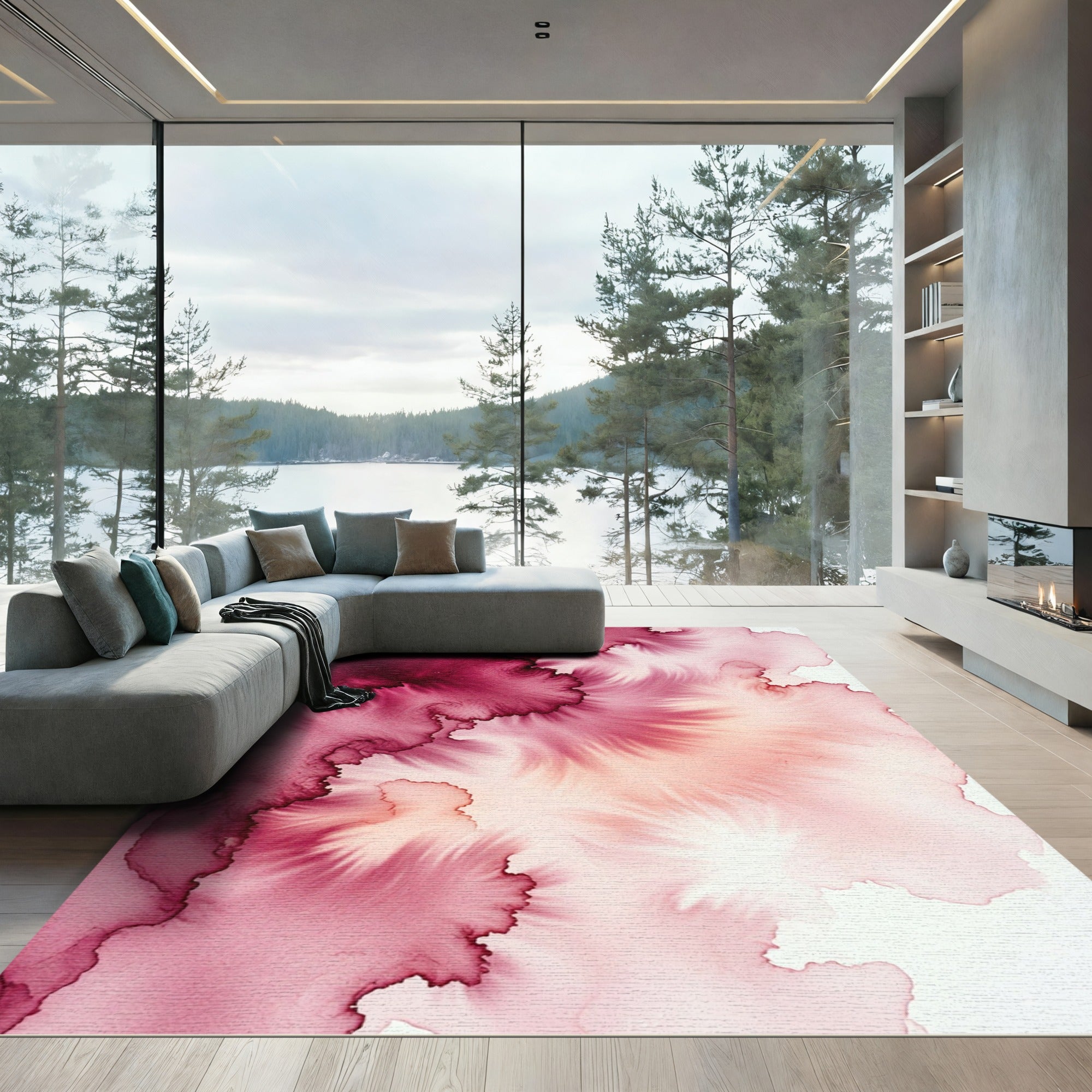 Ethereal Burgundy Ink Wash Abstract Gradient Rug