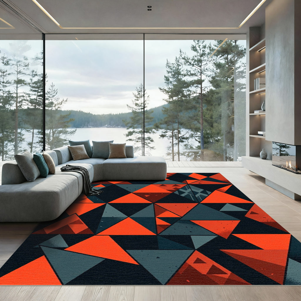 Modern Orange Teal Geometric Triangles Rug