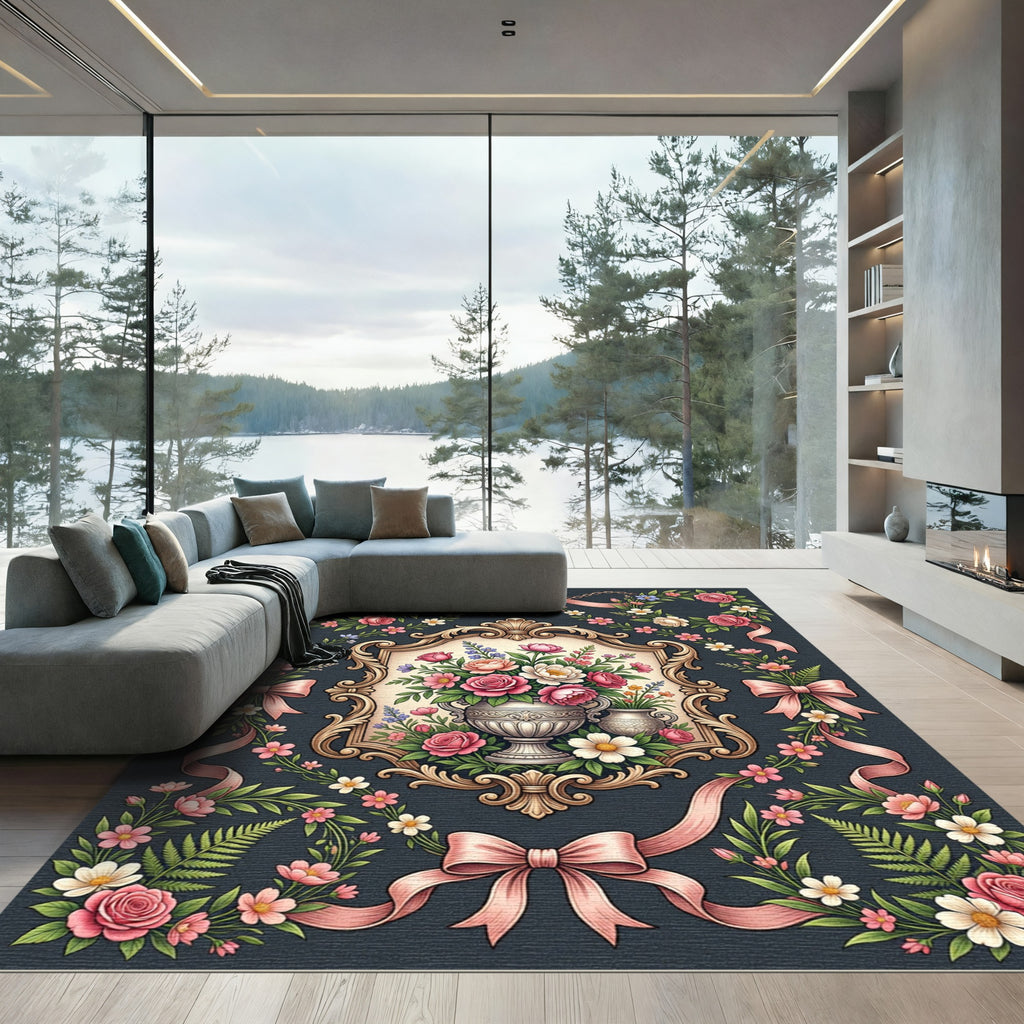 Ornate Floral Rose Ribbon Garland Rug