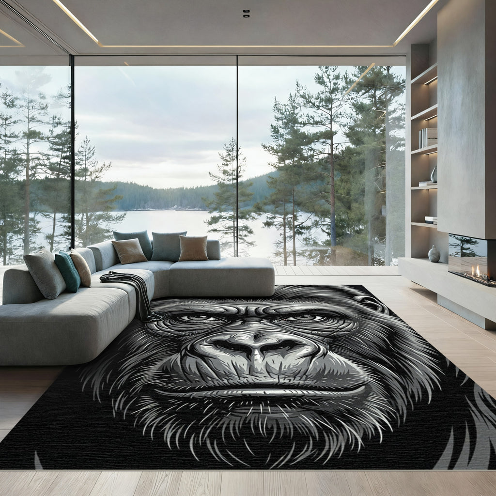 Majestic Black and White Gorilla Portrait Rug