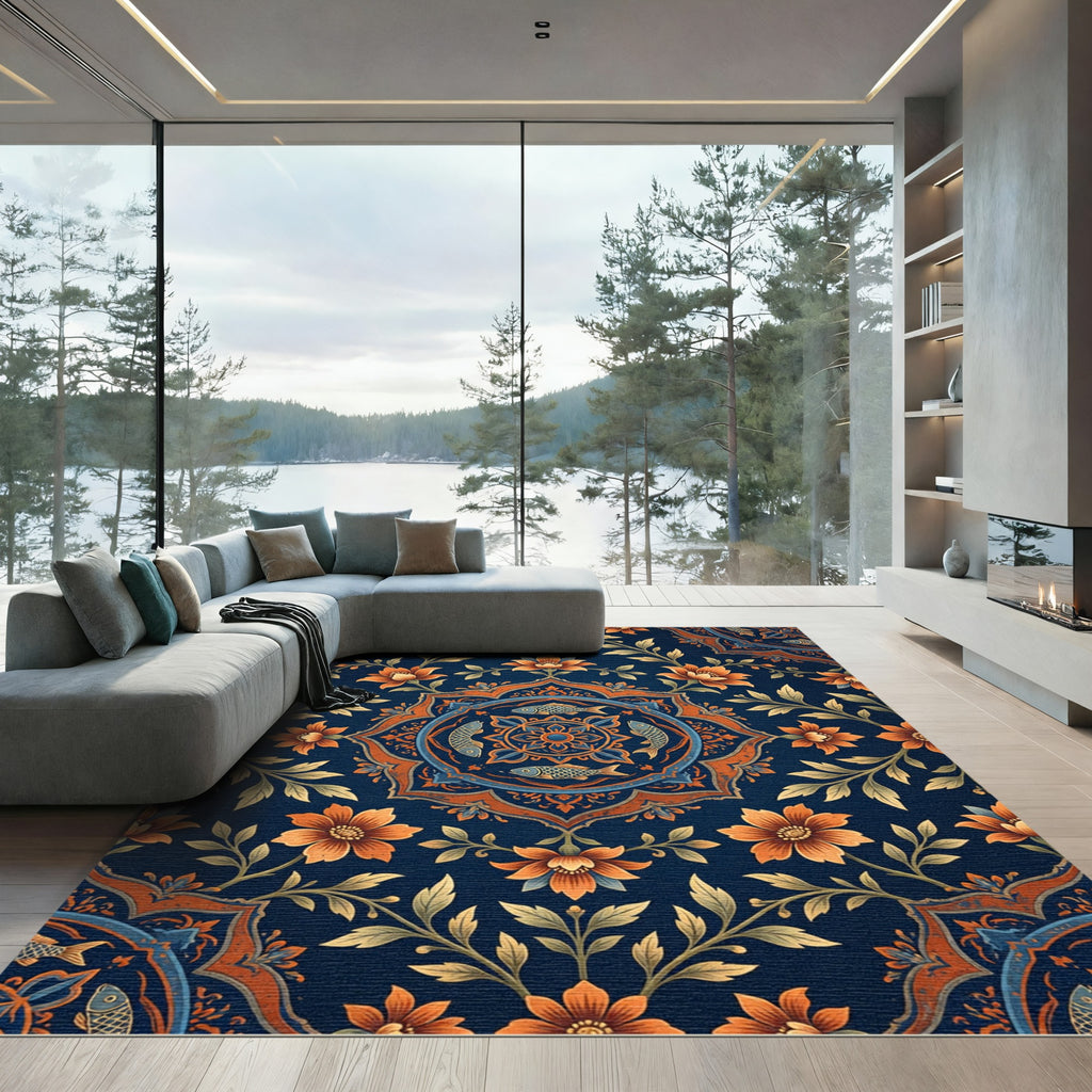 Ornate Blue Orange Floral Fish Medallion Rug