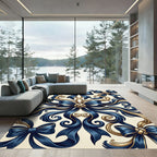 Elegant Navy Ribbon and Gold Scroll Rug