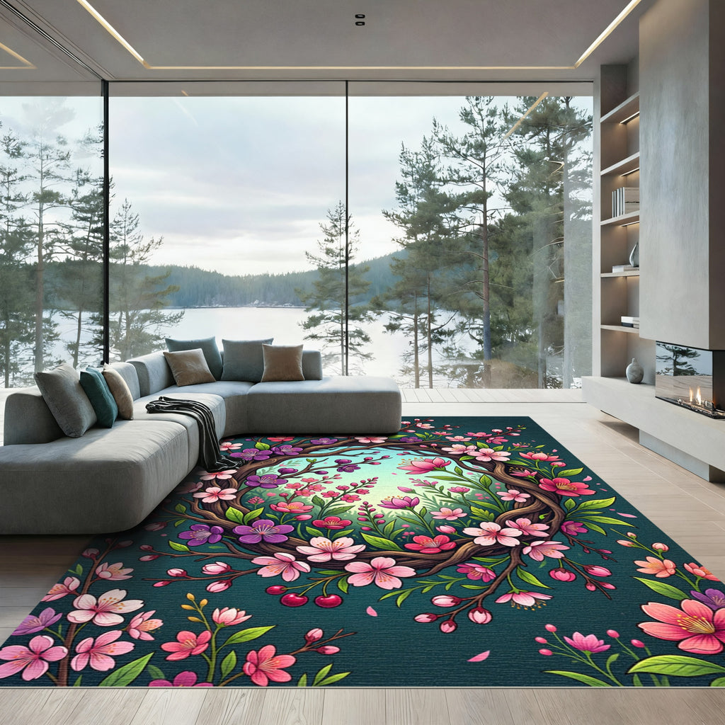 Blooming Pink Cherry Blossom Wreath Rug