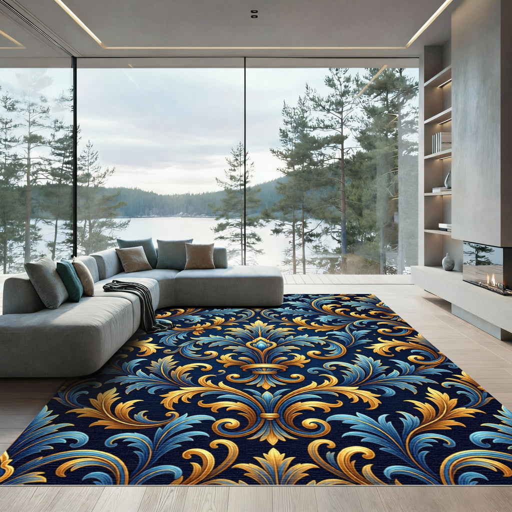 Ornate Royal Blue Golden Baroque Foliage Rug
