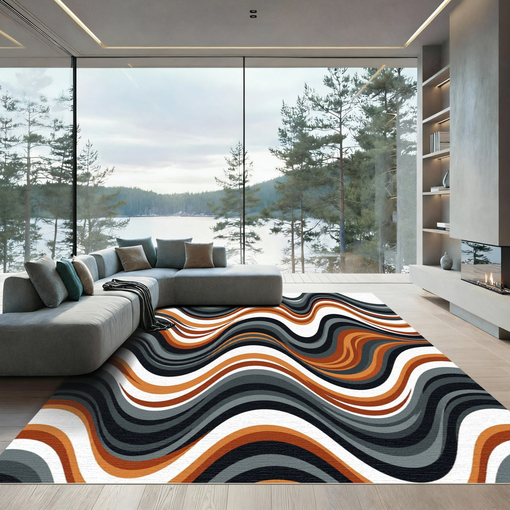Modern Abstract Burnt Orange Wavy Flow Rug
