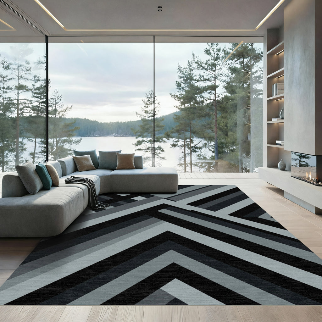 Modern Monochrome Geometric Angular Stripe Rug