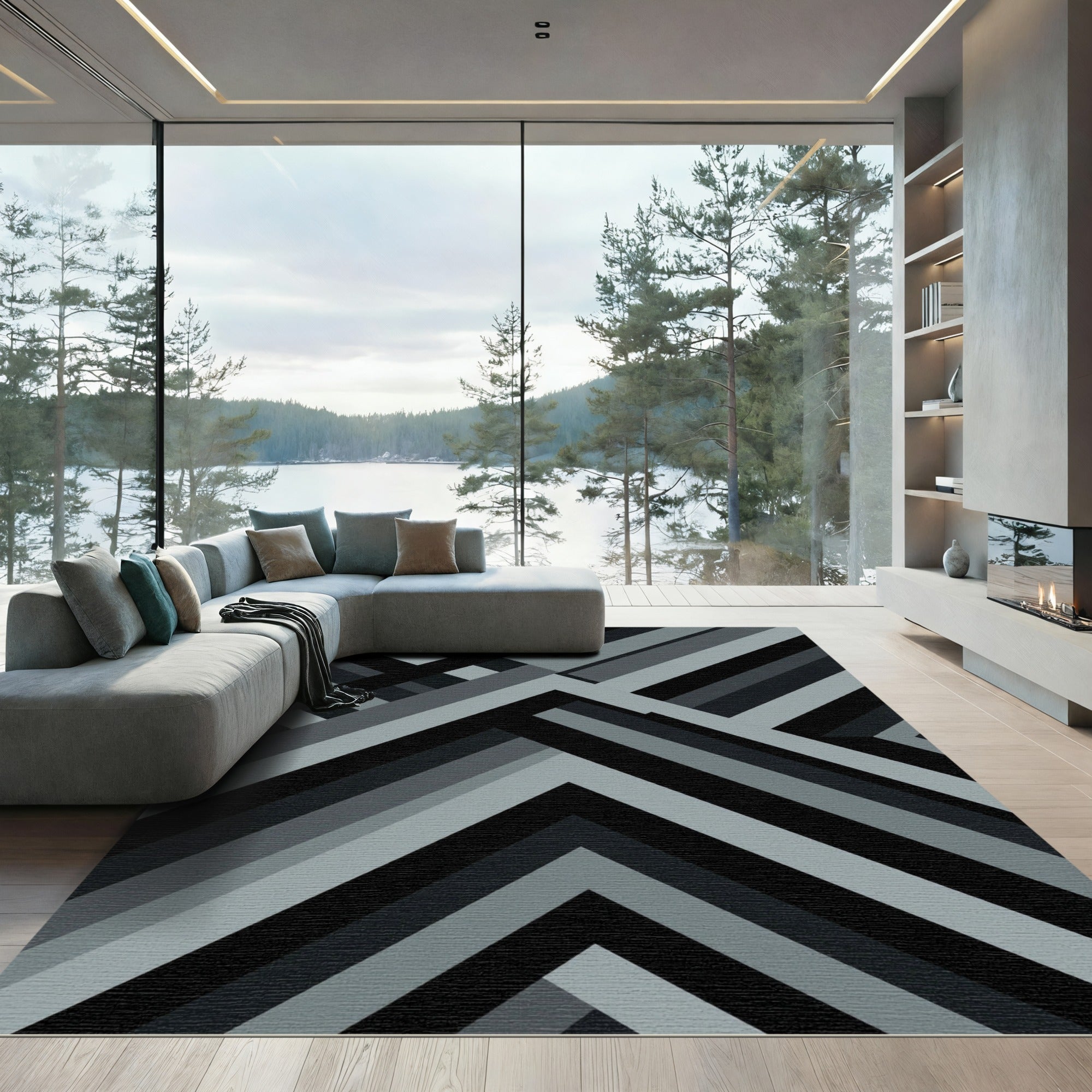 Modern Monochrome Geometric Angular Stripe Rug