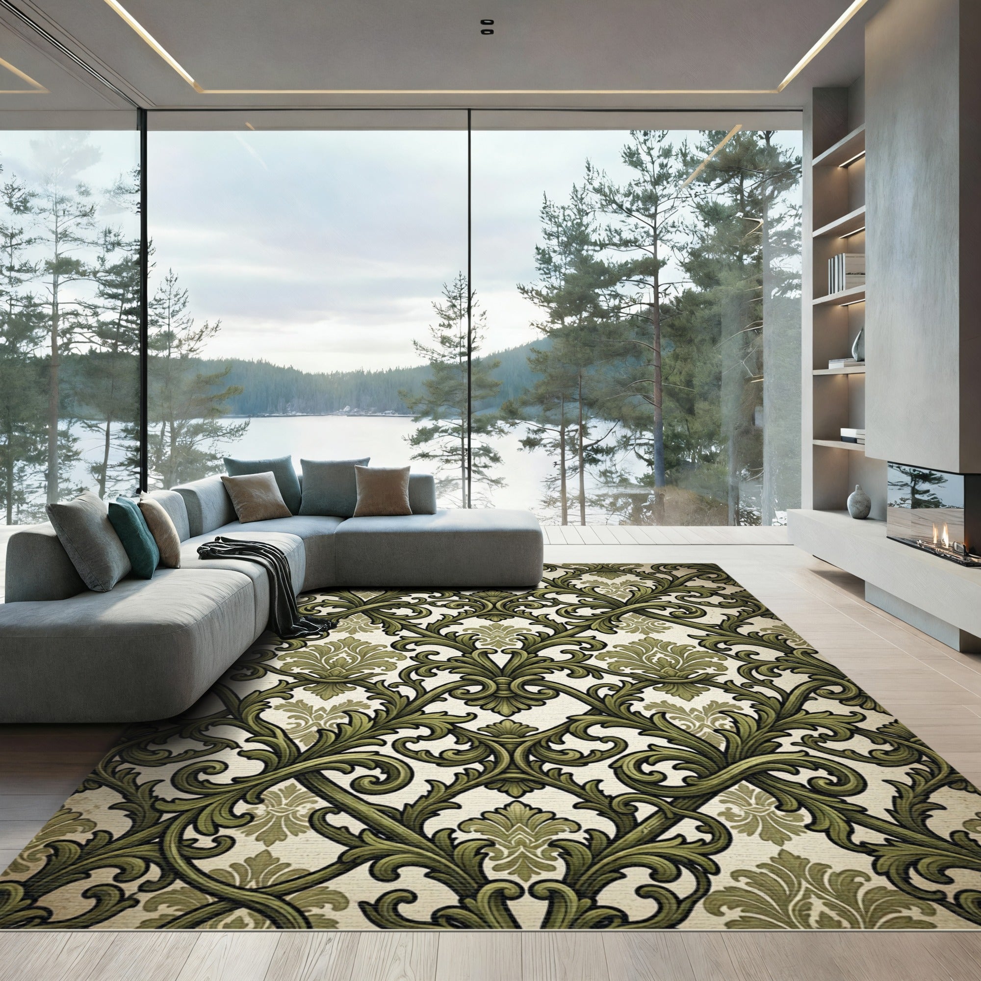 Olive Green Ornate Damask Scroll Rug