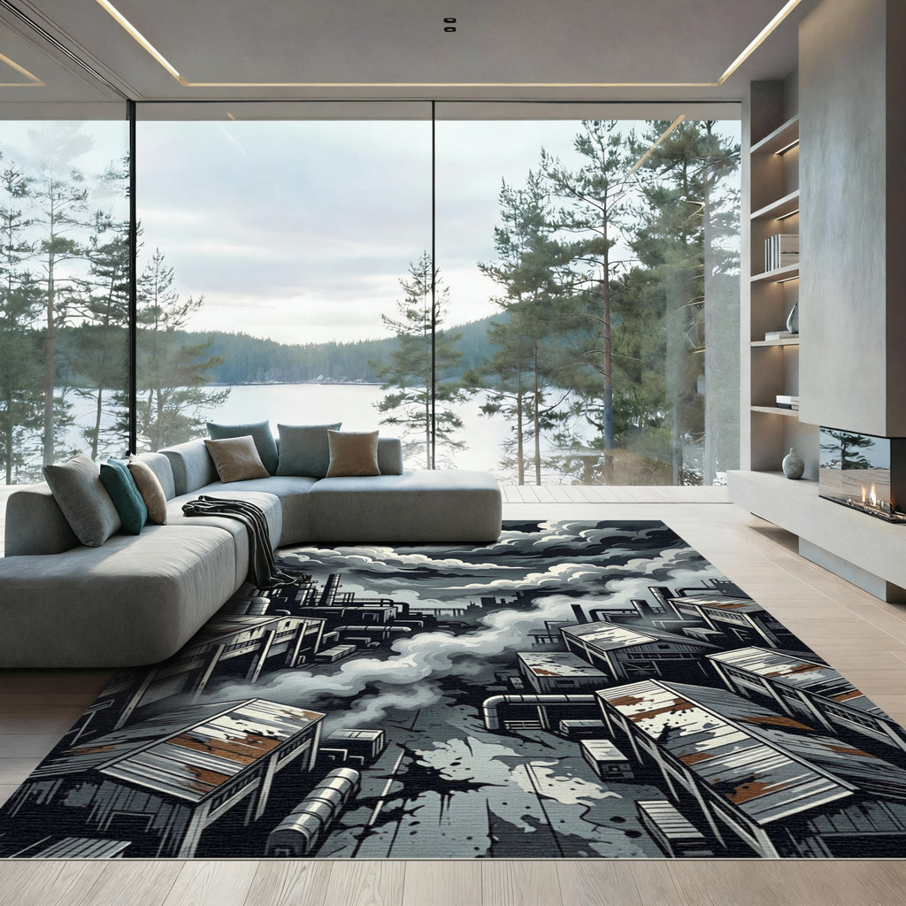 Dark Industrial Smoke Cloud Factory Rug