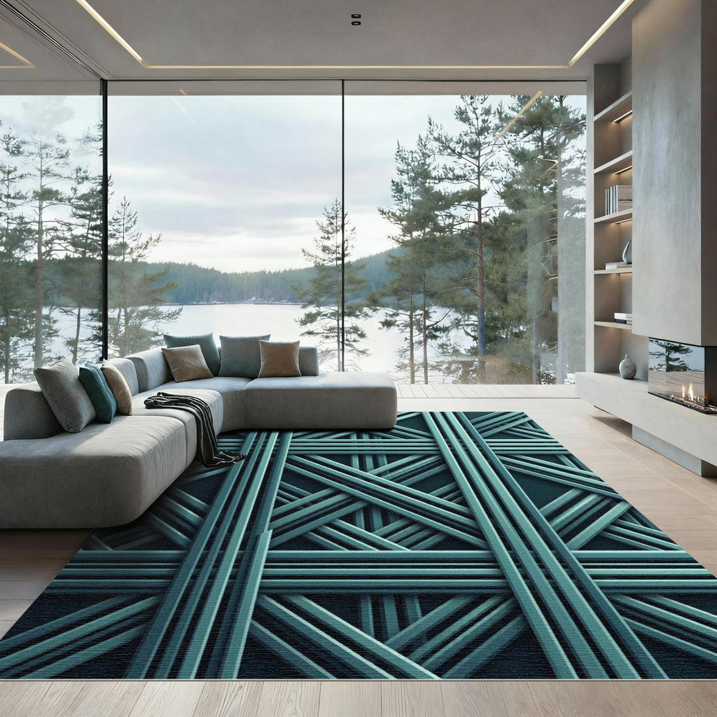 Teal Intersecting Linear Geometric Rug