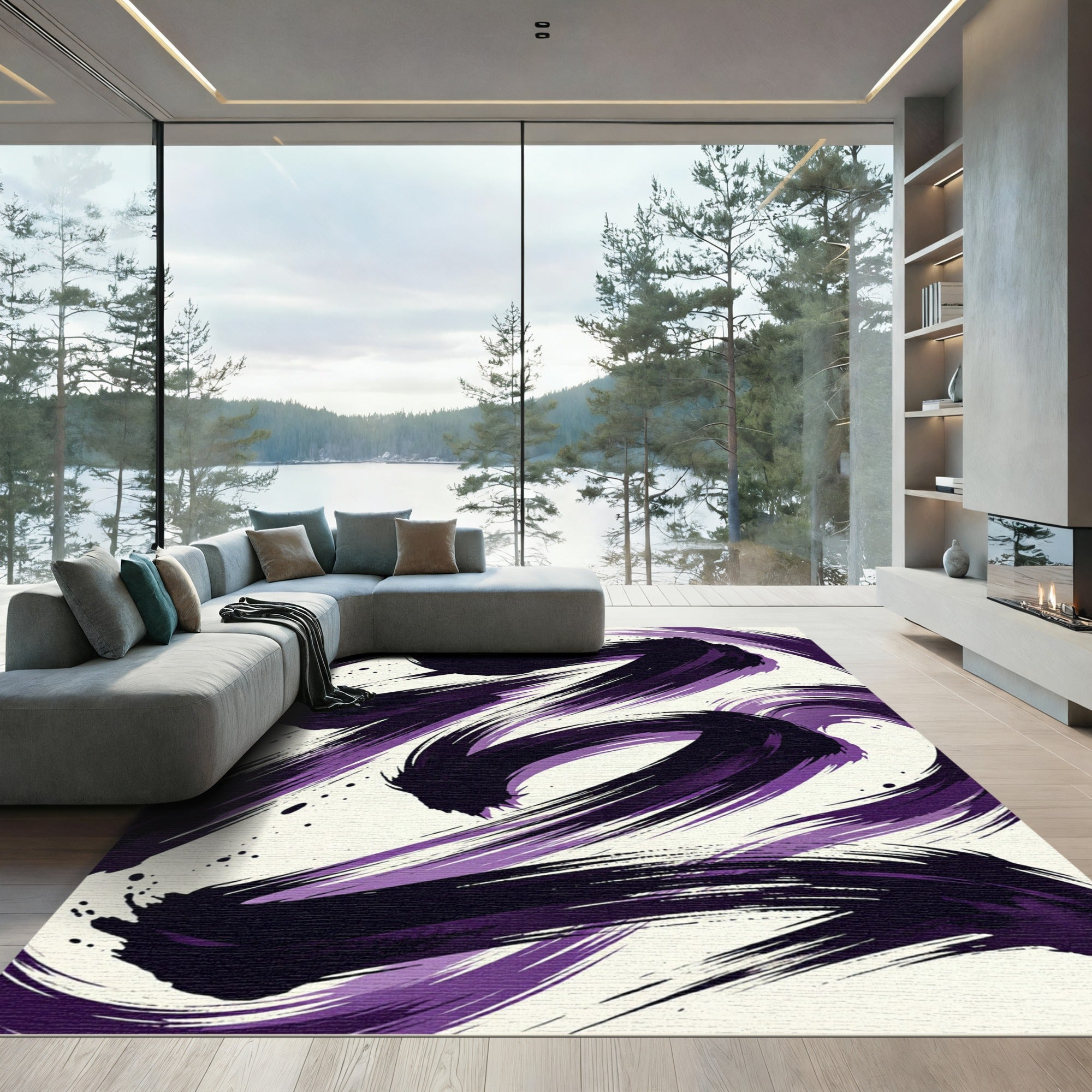 Abstract Purple Ink Swirl Art Rug