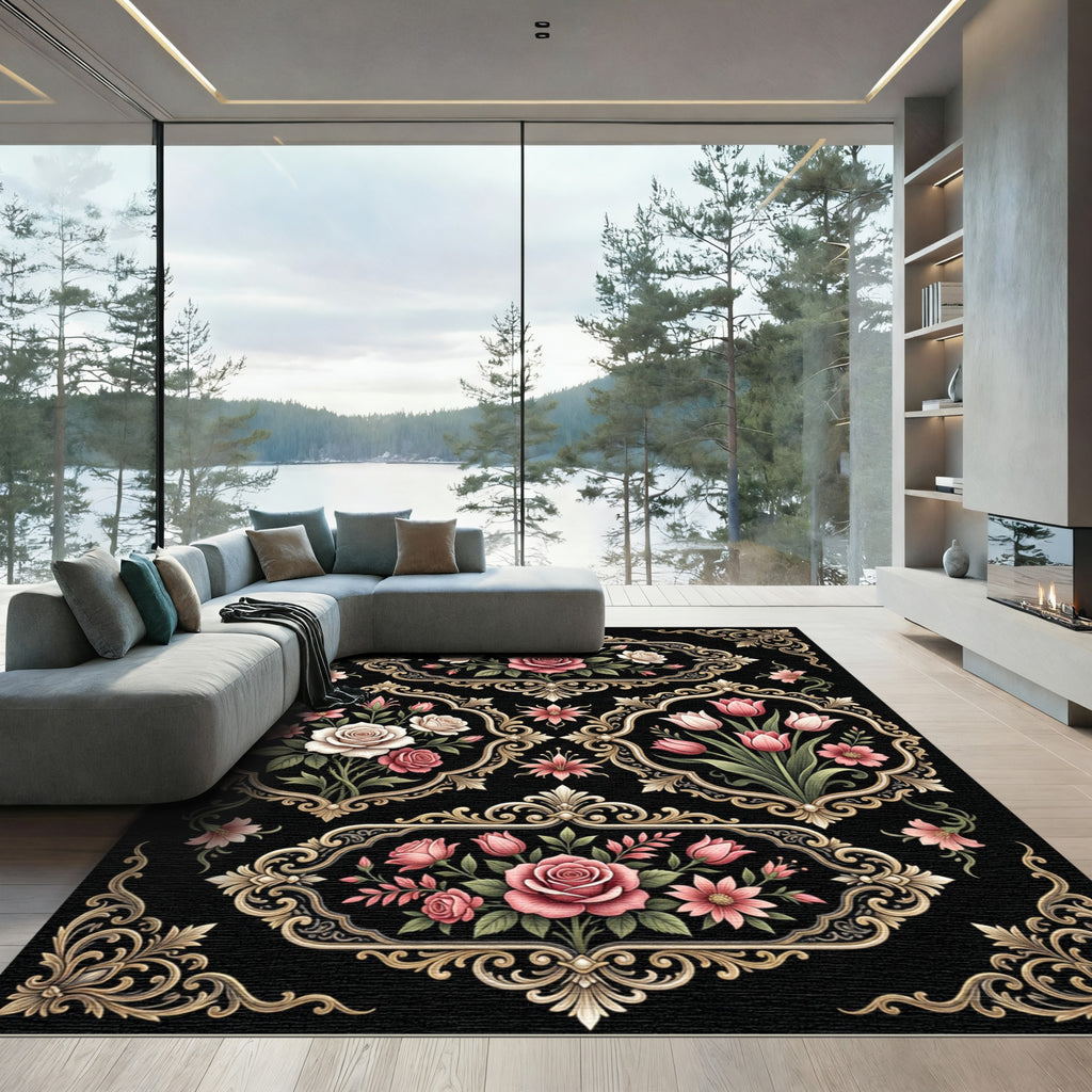 Ornate Pink Floral Garden Scrollwork Rug