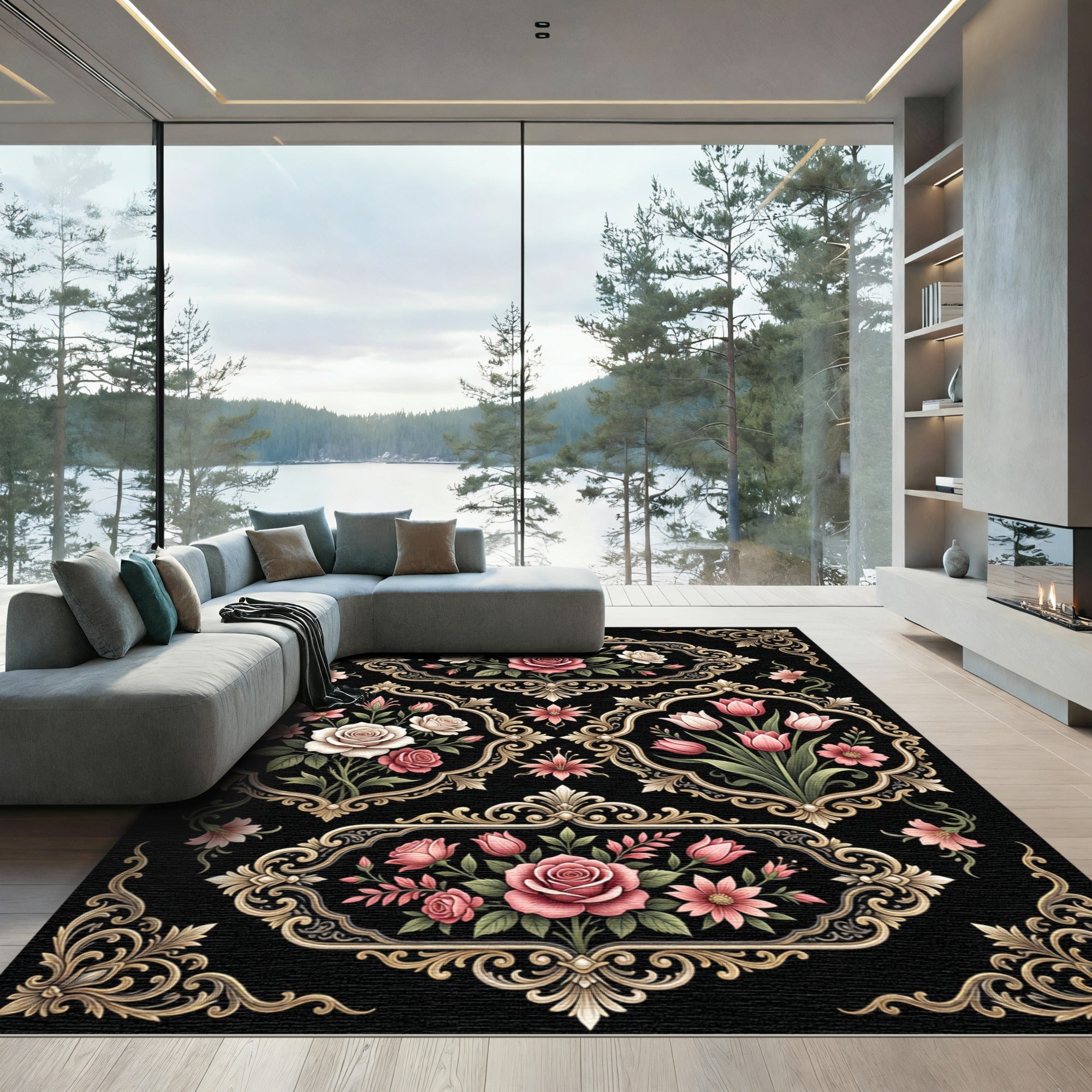 Ornate Pink Floral Garden Scrollwork Rug