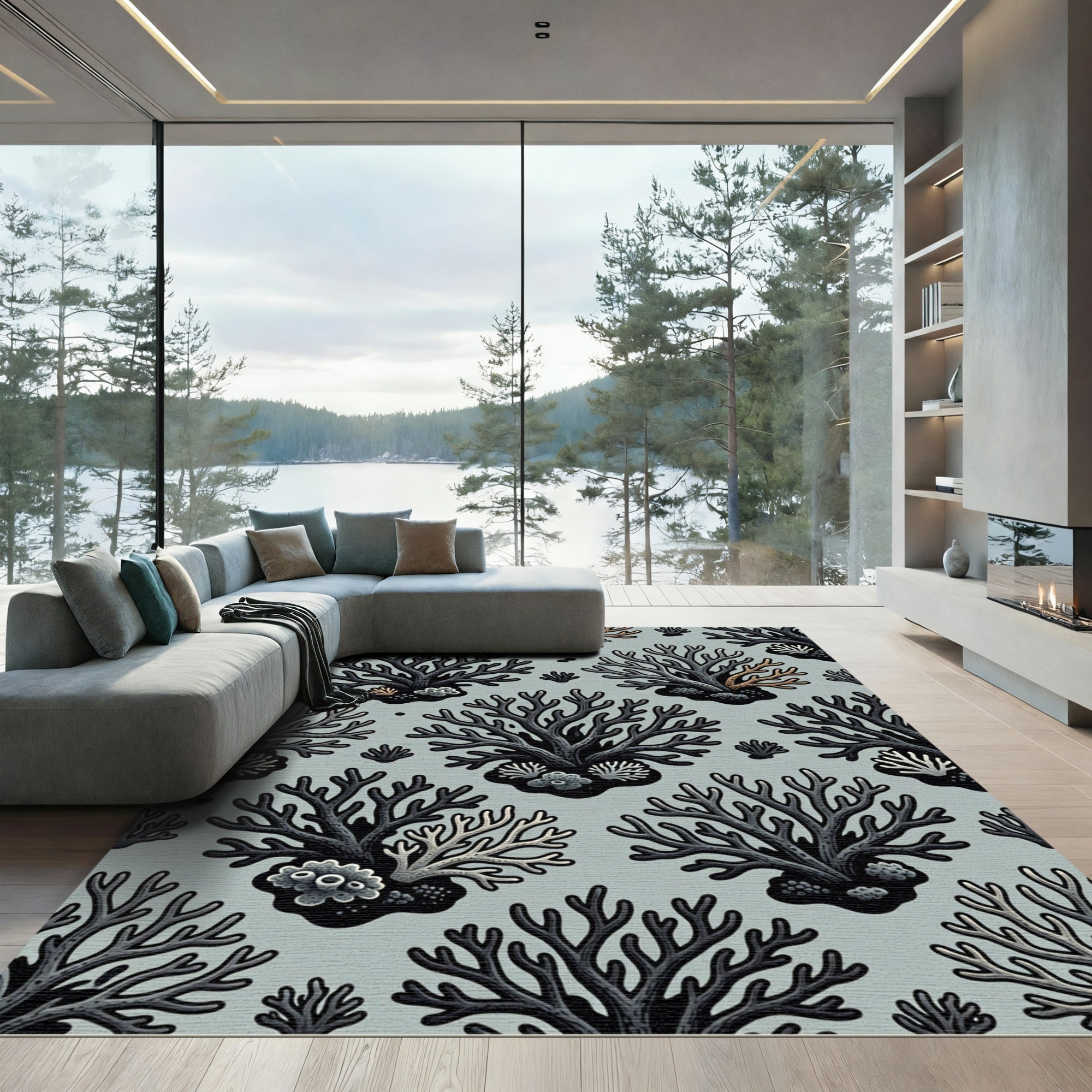 Gray Coral Branch All Over Rug