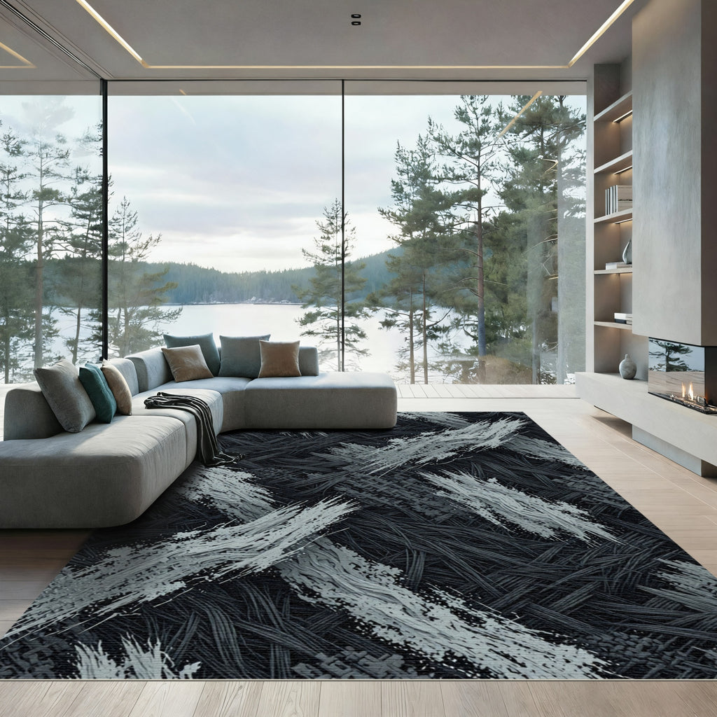 Monochrome Abstract Brushstroke Charcoal Woven Texture Rug