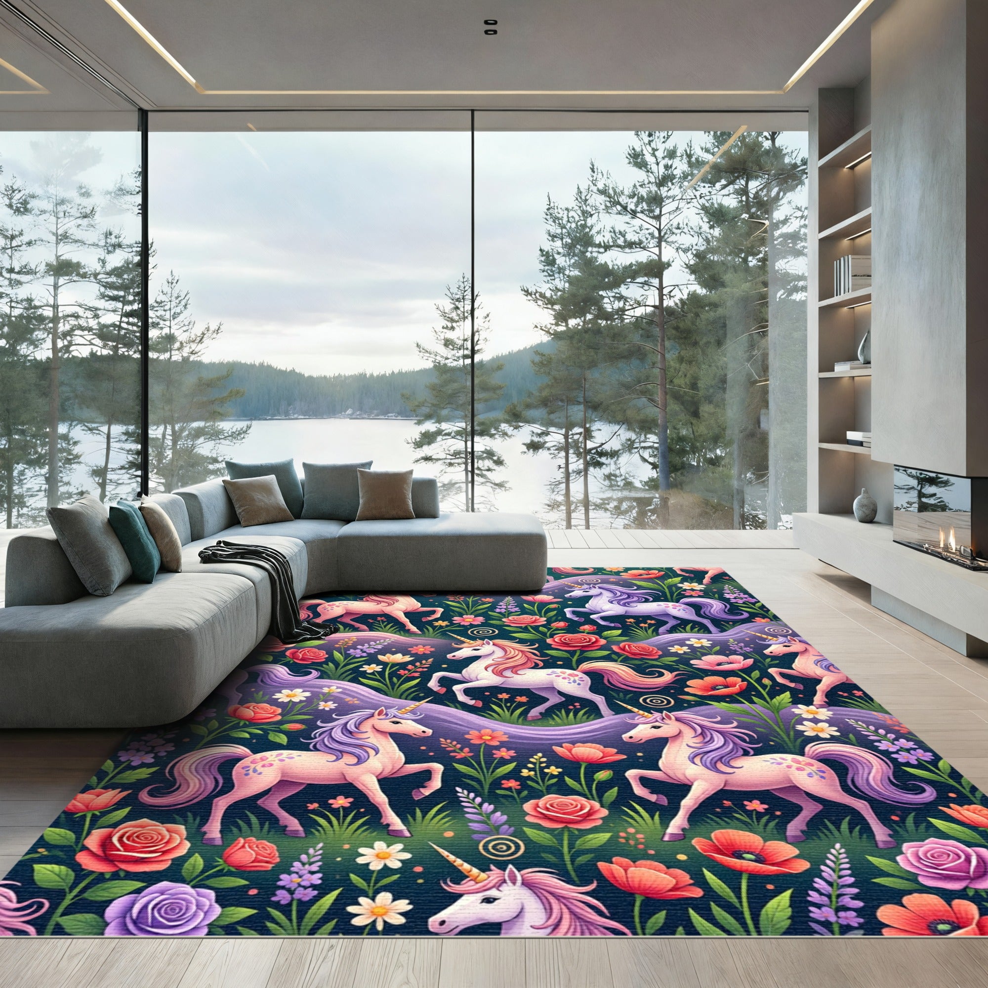 Whimsical Magical Unicorn Floral Garden Rug