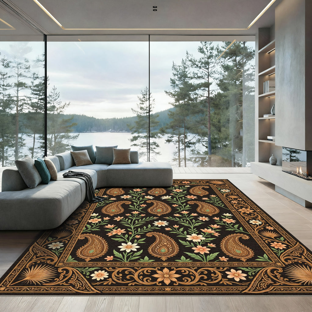 Ornate Black Floral Paisley Area Rug