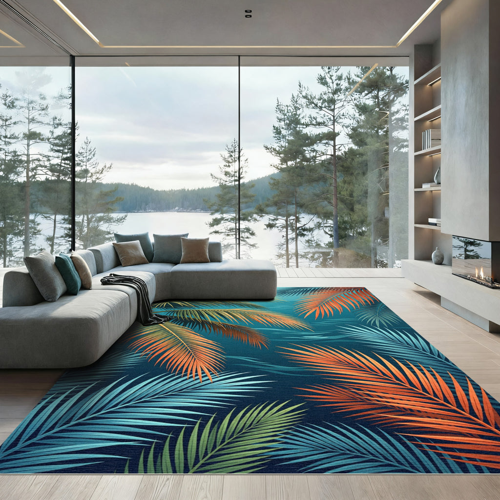 Lush Tropical Palm Leaf Sunset Aura Rug