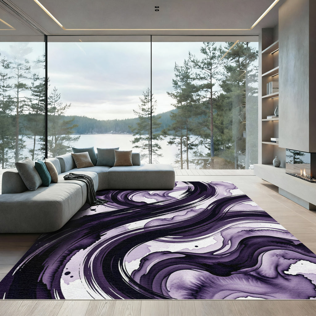 Deep Plum Ink Swirl Abstract Rug