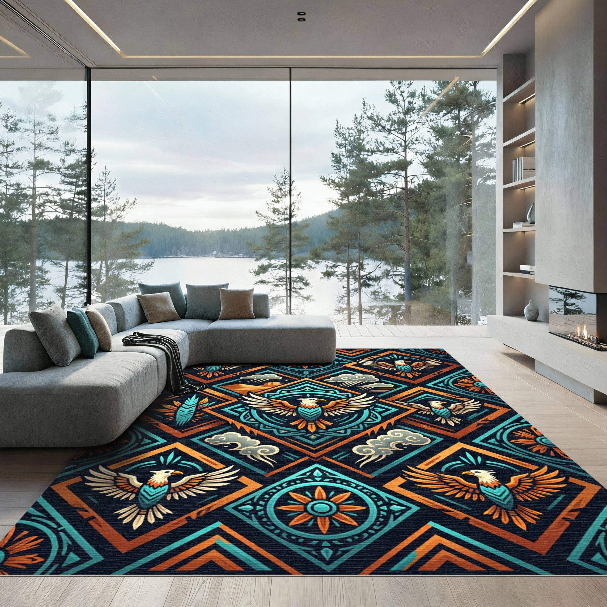 Turquoise Orange Eagle Diamond Tapestry Rug