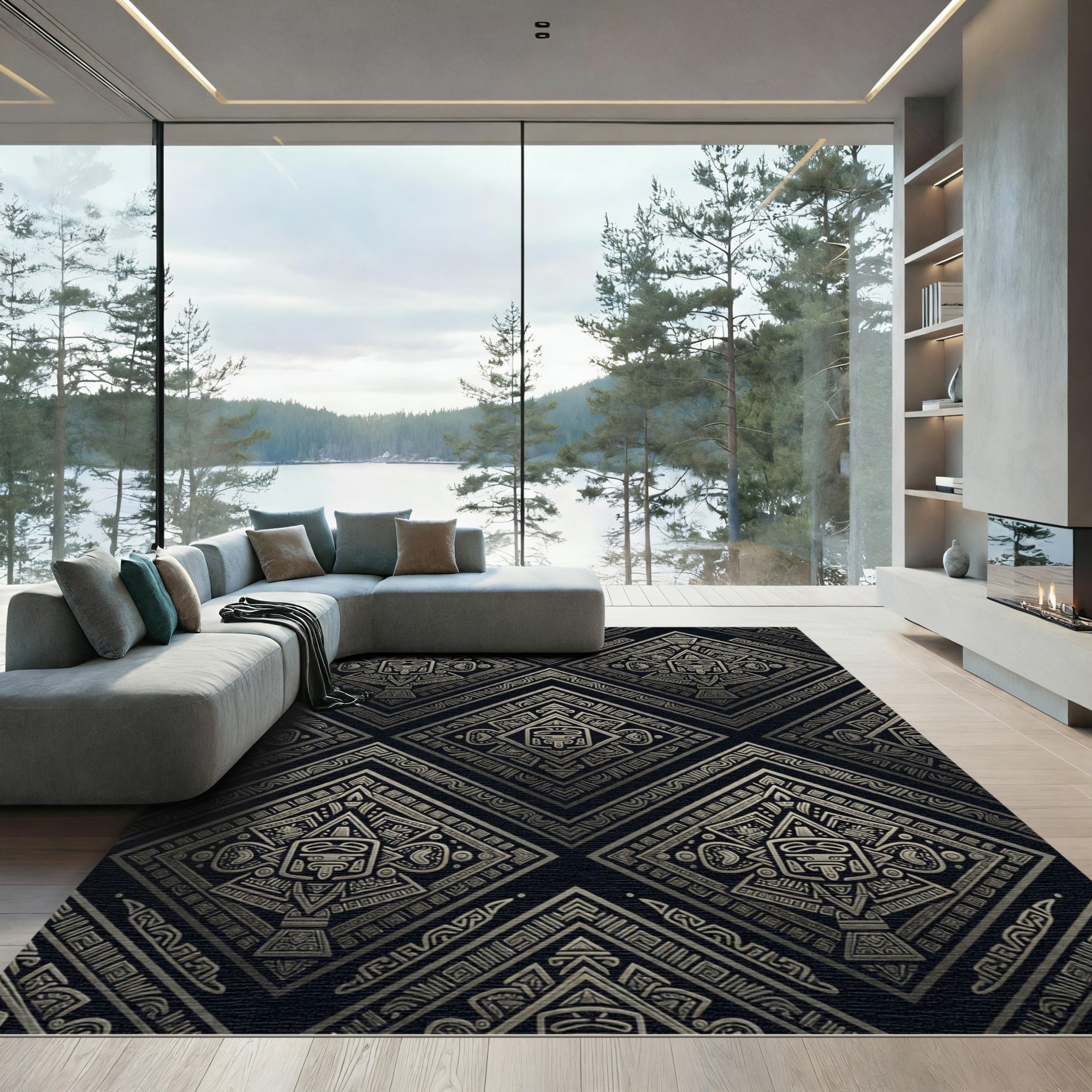 Metallic Gold Aztec Diamond Geometric Art Rug