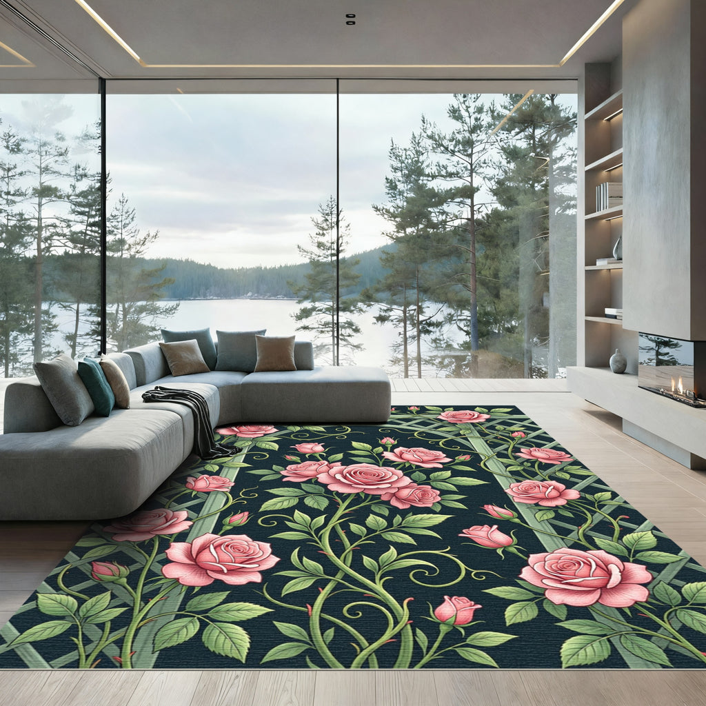 Romantic Pink Rose Trellis Garden Rug