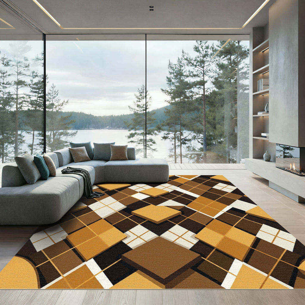 Brown Gold Diamond Interlocking Cubes Rug