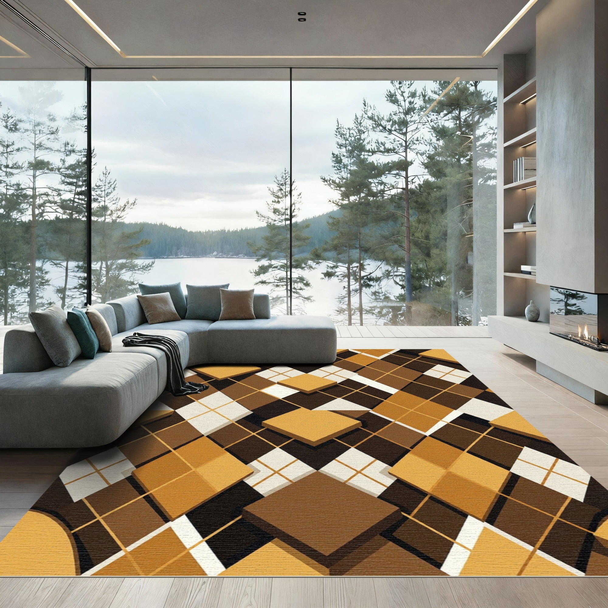 Brown Gold Diamond Interlocking Cubes Rug