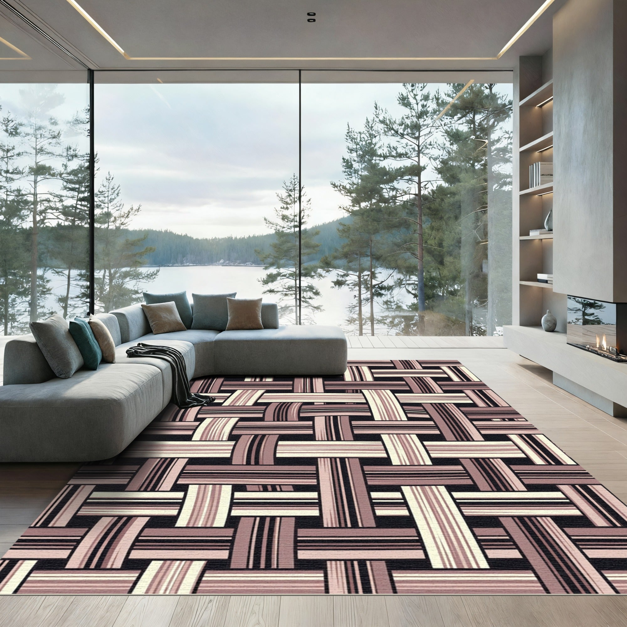Woven Mauve Cream Stripe Composition Rug