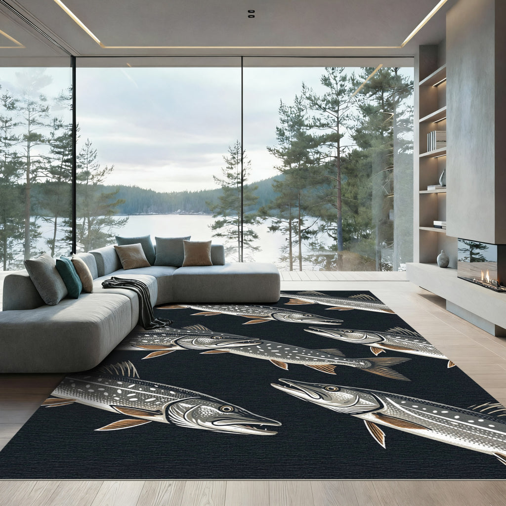 Northern Pike Aquatic Black Fish Illustration Rug