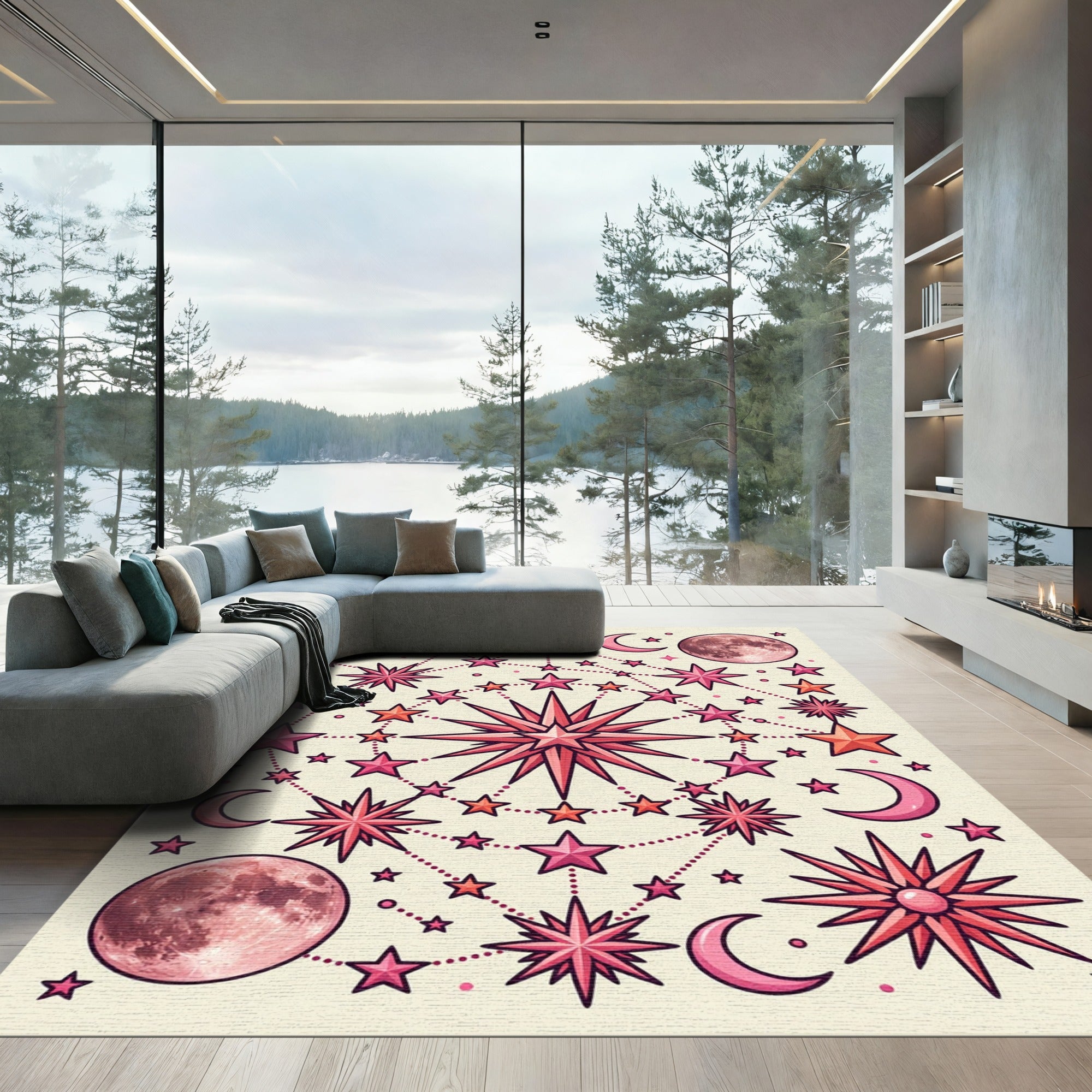 Celestial Pink Star Moon Constellation Rug