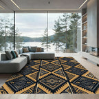Golden Black Geometric Aztec Diamond Rug
