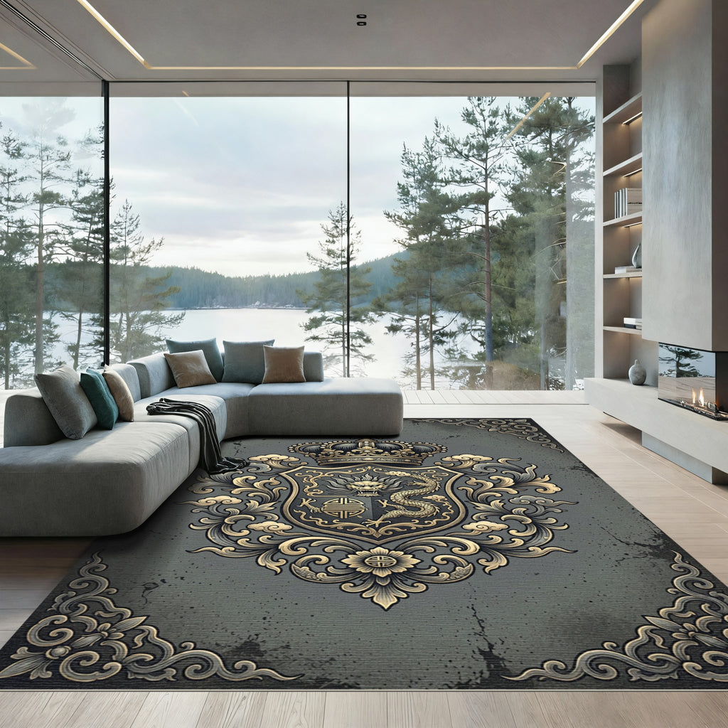Imperial Gold Dragon Crest Gray Emblem Rug