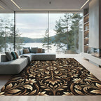 Ornate Gold Floral Scrolling Black Rug