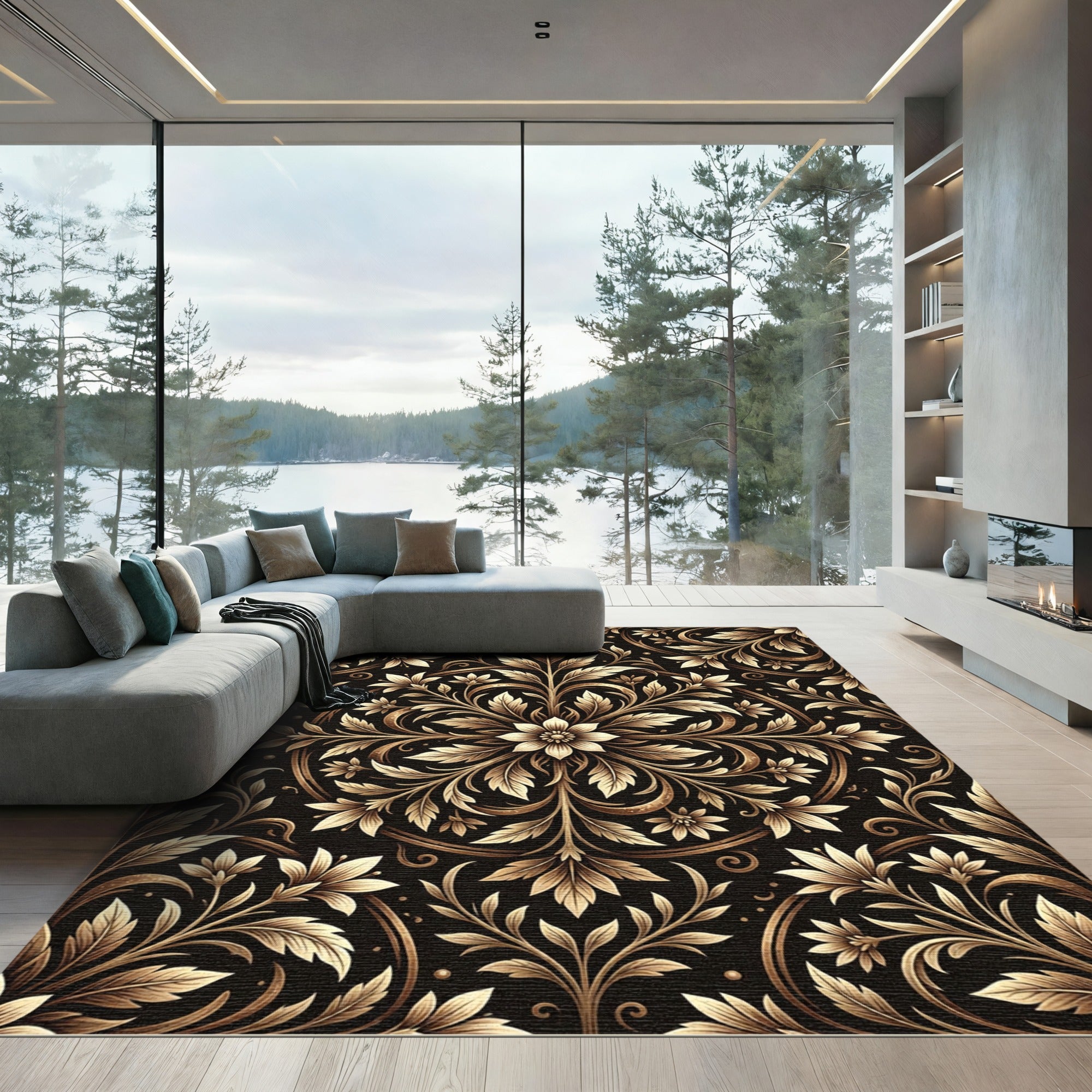 Ornate Gold Floral Scrolling Black Rug