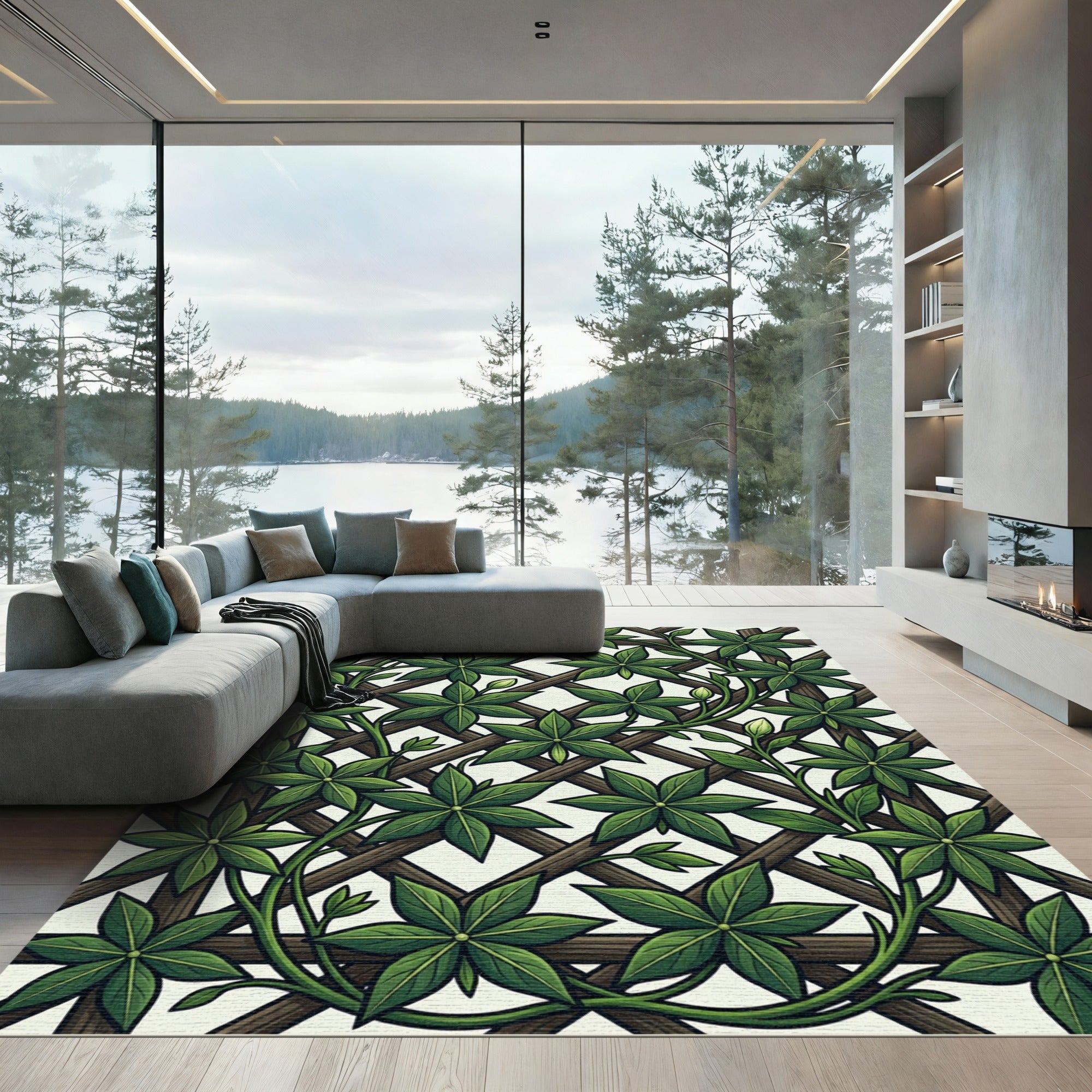 Lush Green Tropical Foliage Trellis Rug
