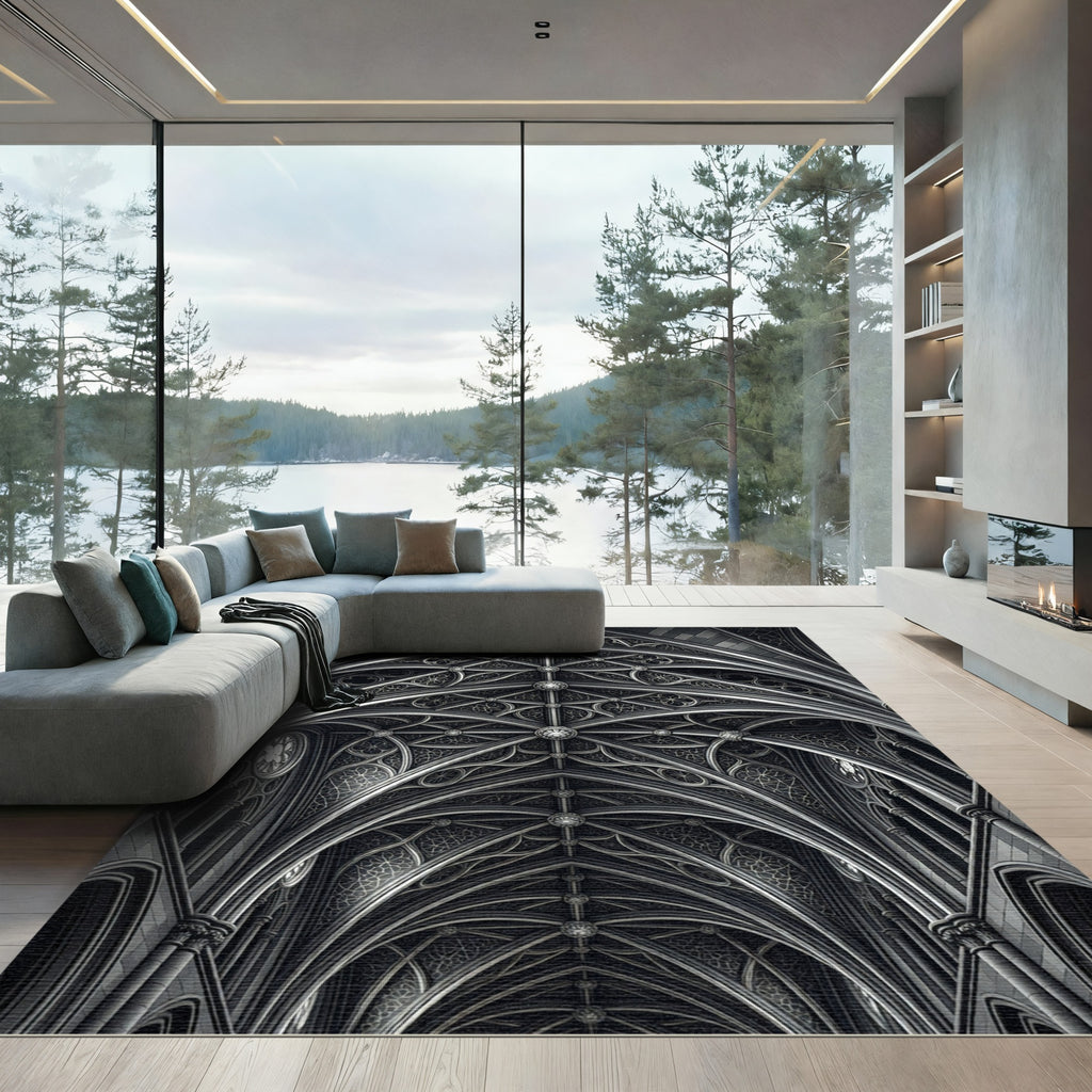 Monochrome Gothic Vaulted Ceiling Grid Rug