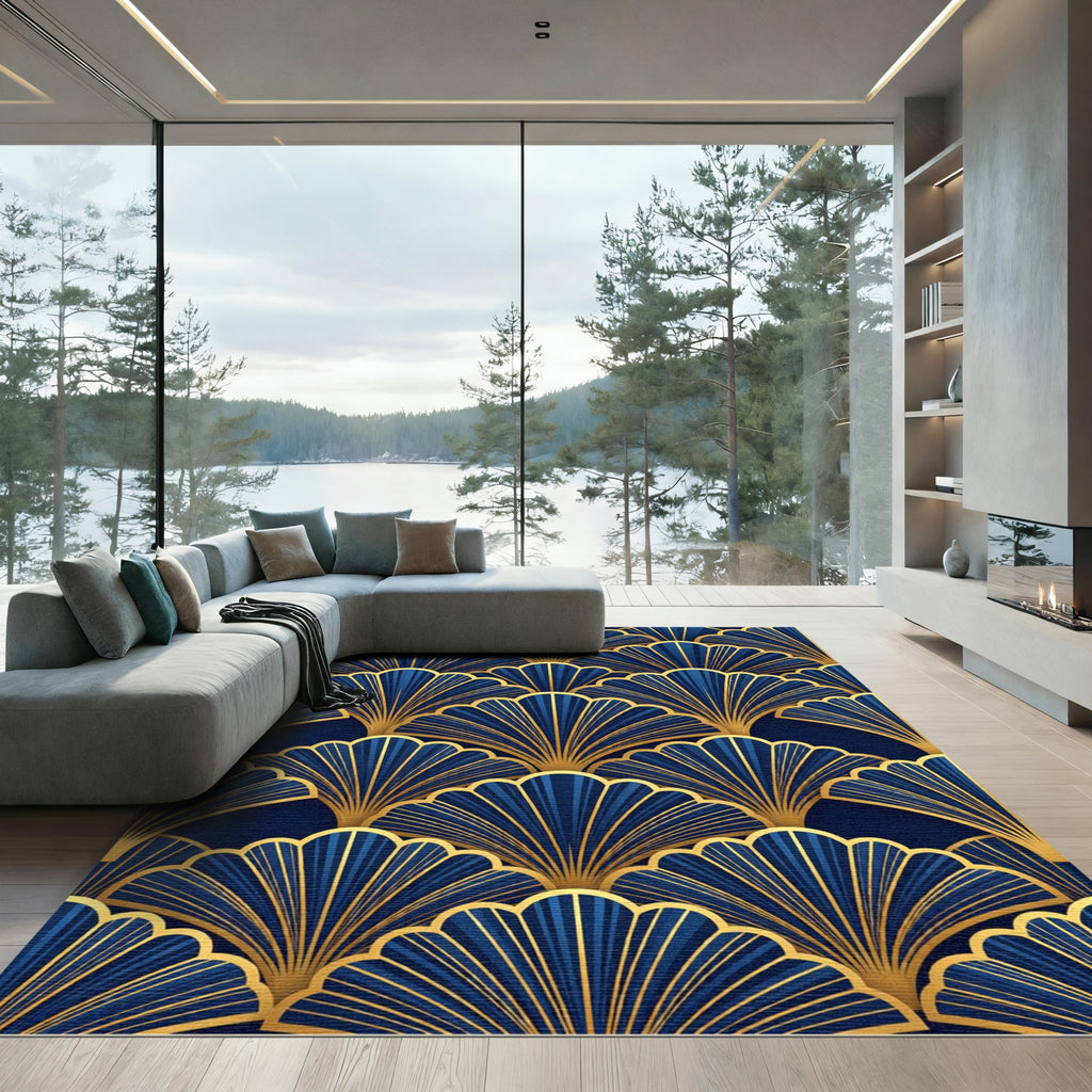 Gold Art Deco Fan Midnight Blue Rug