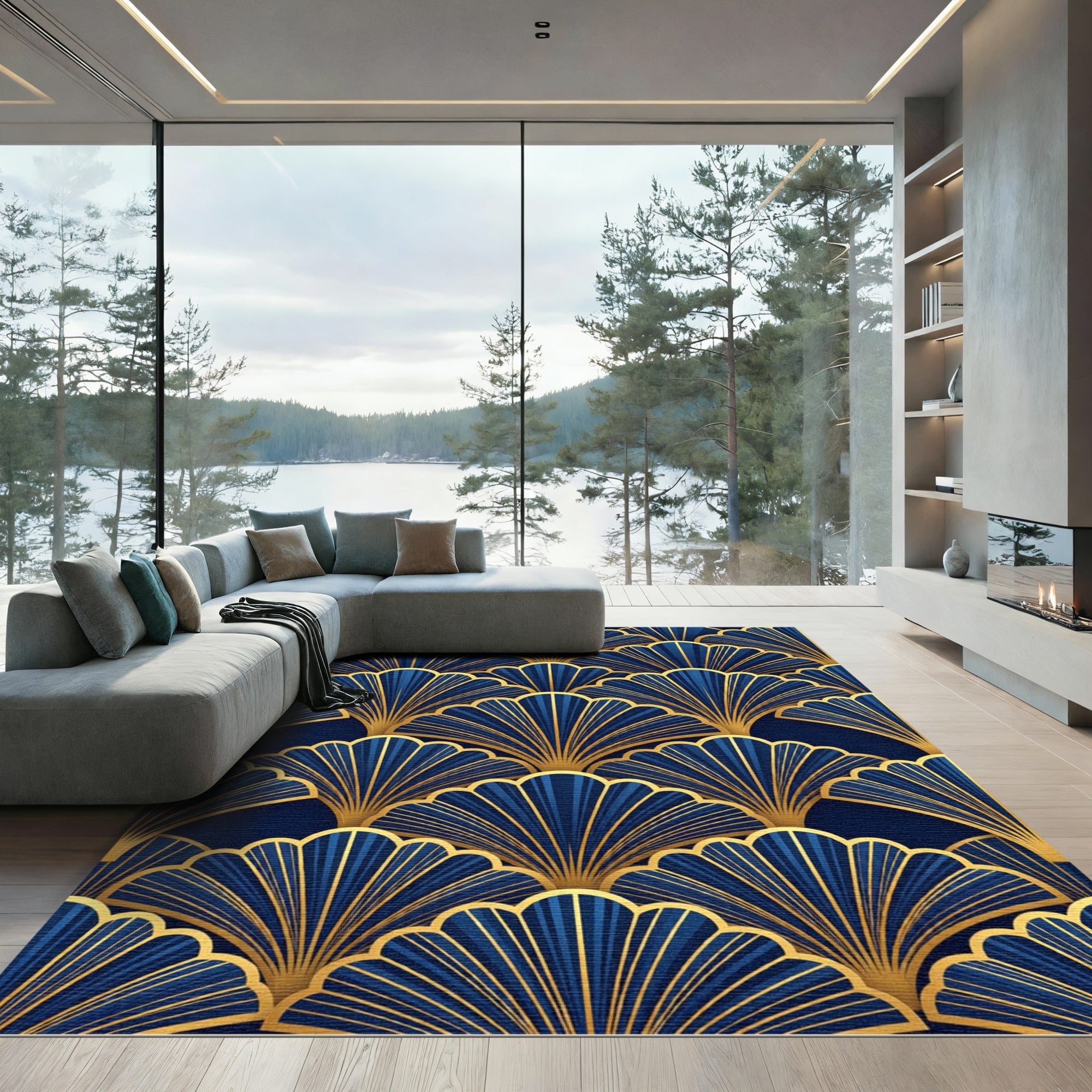Gold Art Deco Fan Midnight Blue Rug