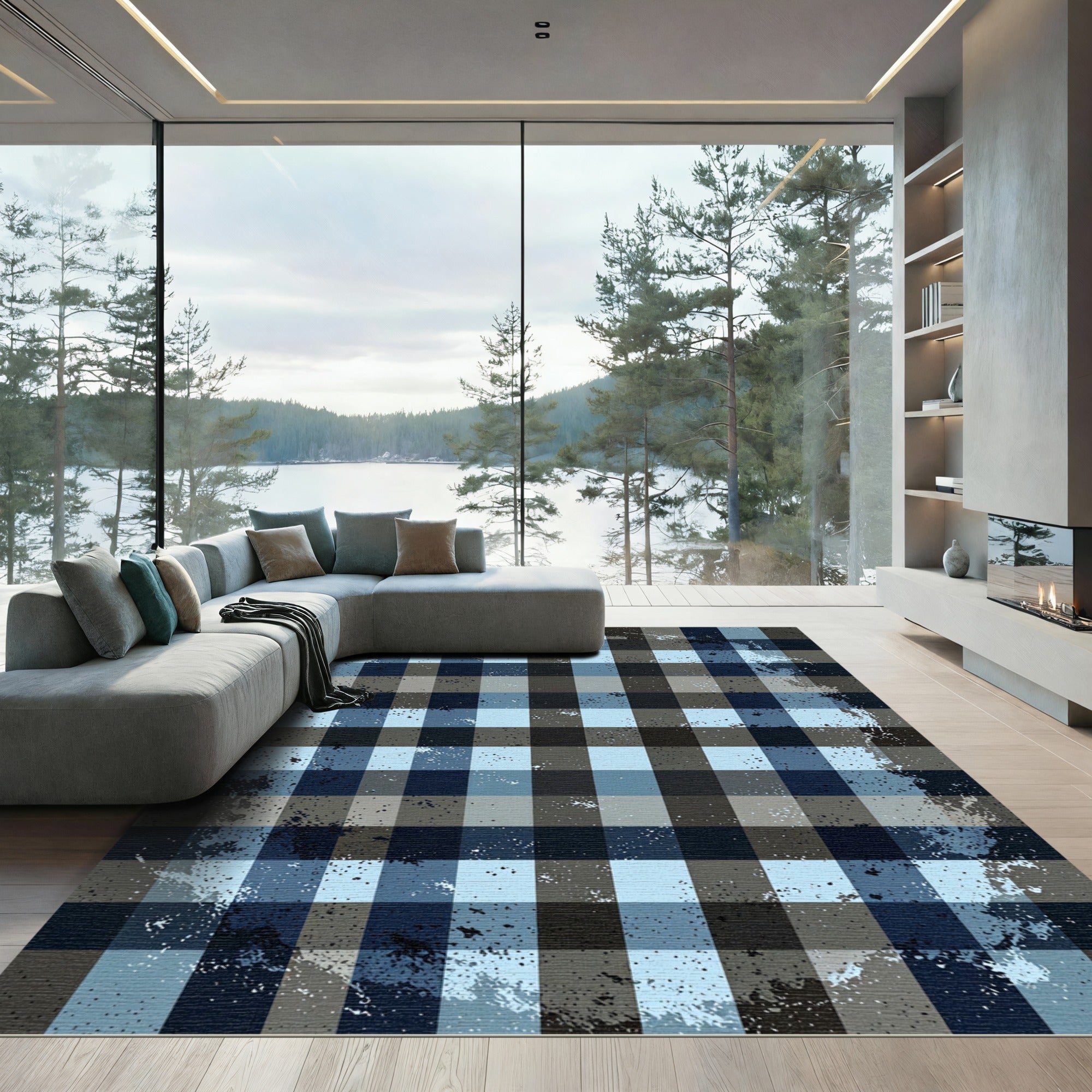 Distressed Navy and Sky Checkered Rug