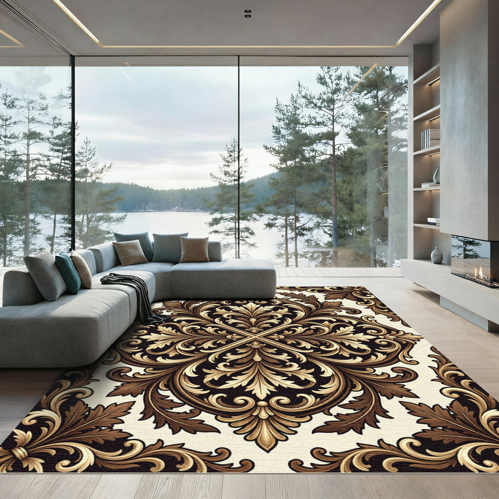 Elegant Cream and Bronze Damask Filigree Rug