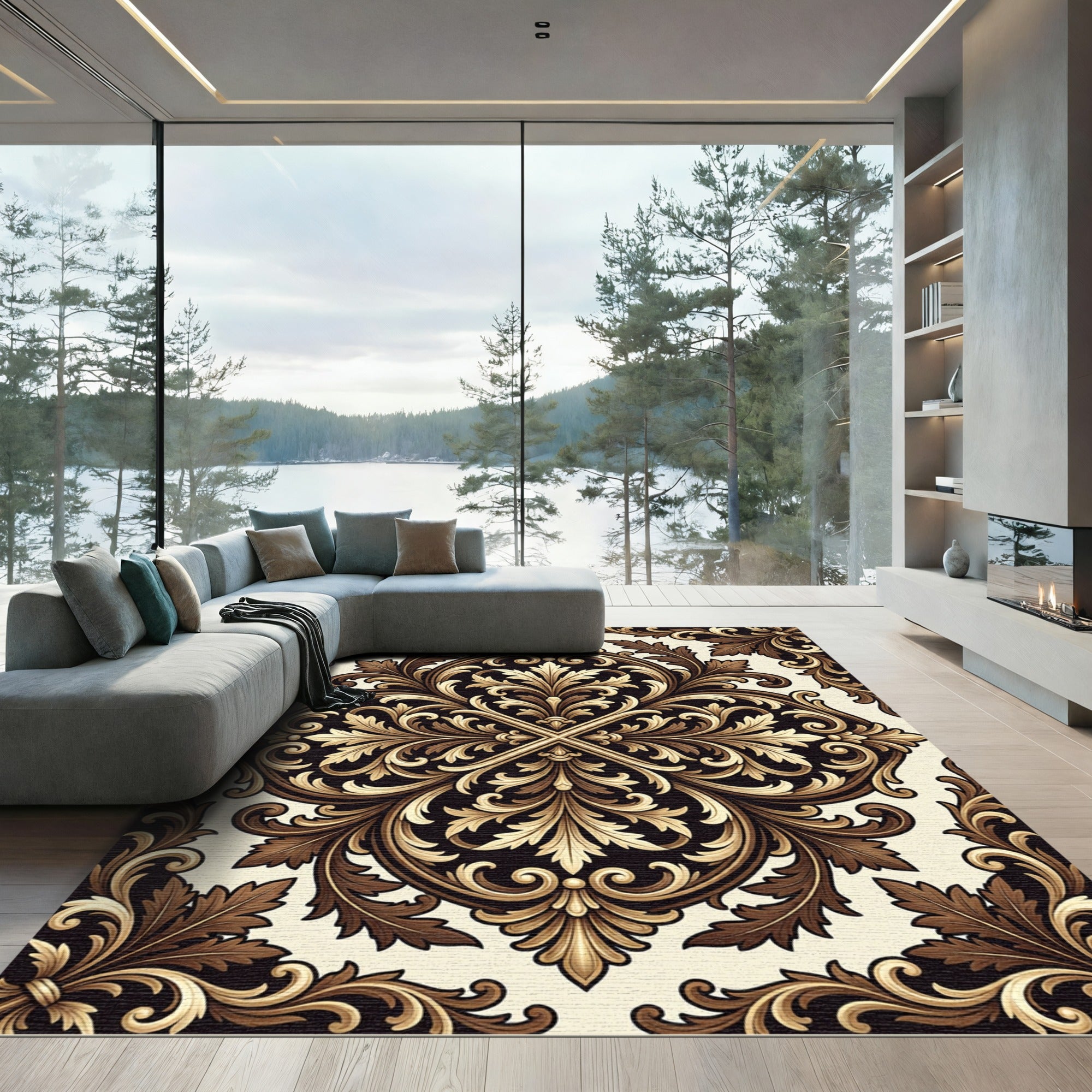 Elegant Cream and Bronze Damask Filigree Rug