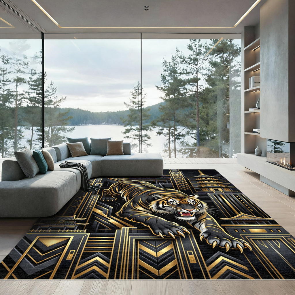 Bold Black Gold Tiger Cityscape Rug