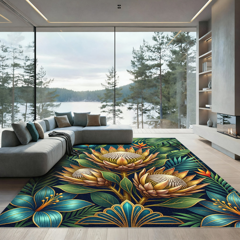 Art Deco Golden Protea Tropical Foliage Rug