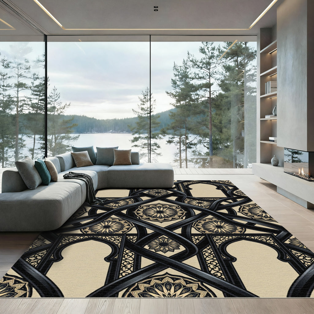 Elegant Black Arch Medallion Geometric Rug