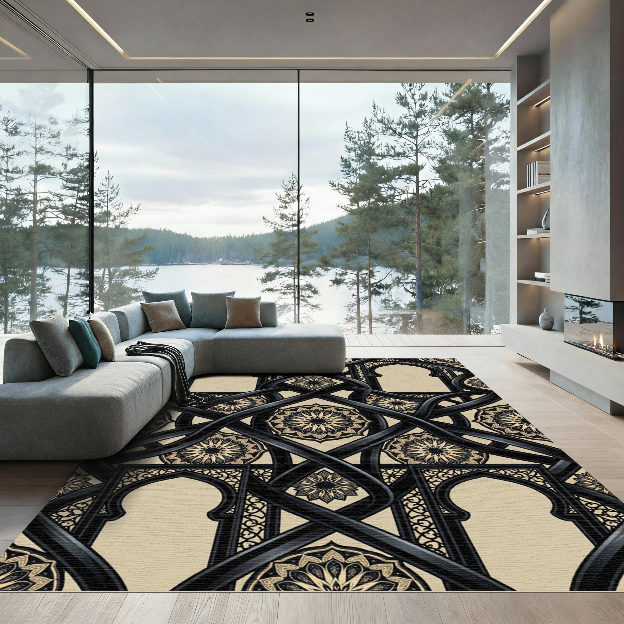 Elegant Black Arch Medallion Geometric Rug