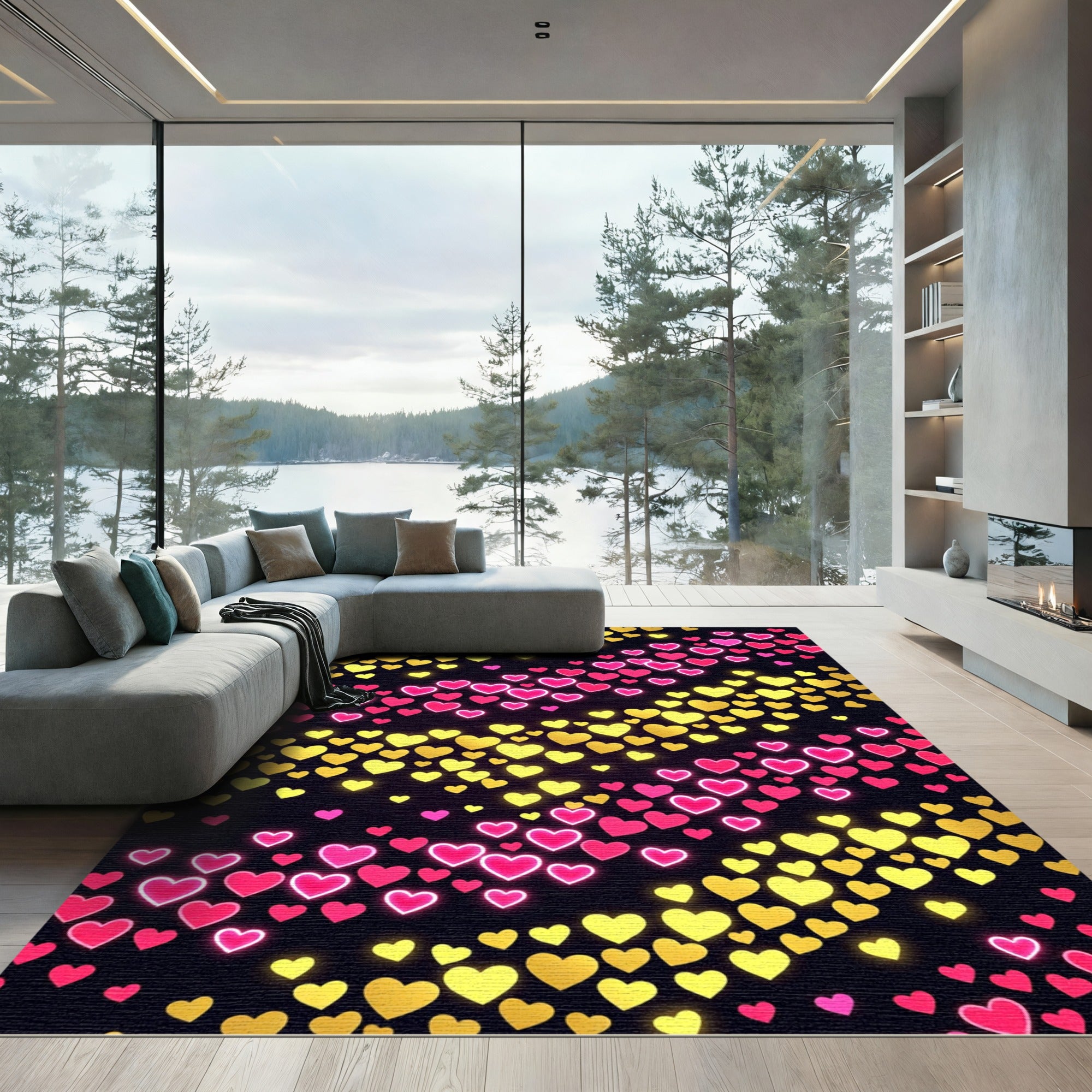 Vibrant Pink Gold Scattered Hearts Rug