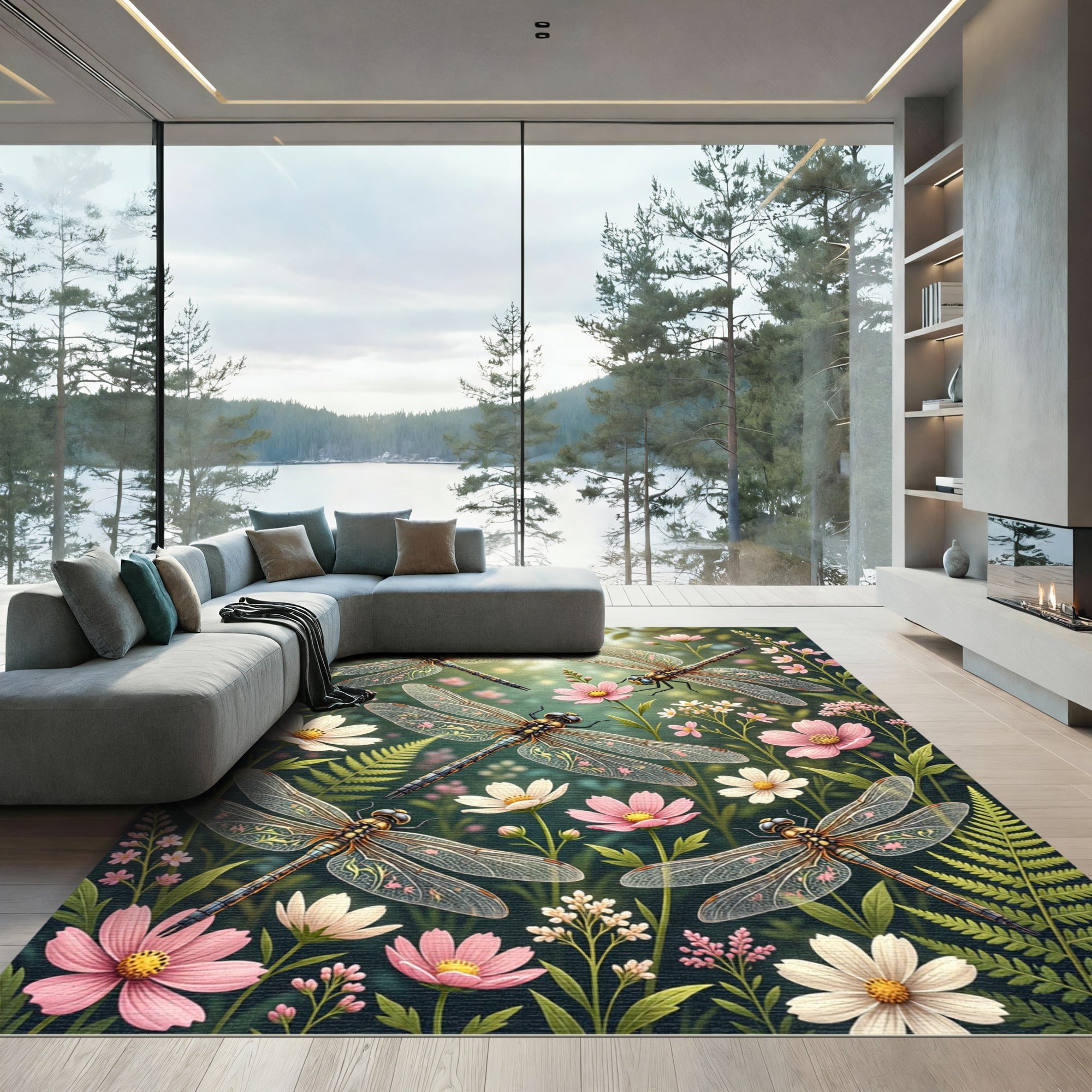 Whimsical Dragonfly and Delicate Floral Meadow Rug